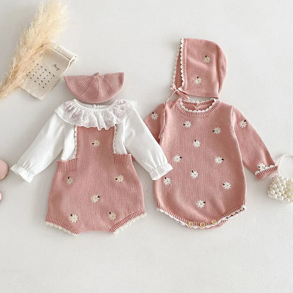 Cute Baby Girls' Knitted Clothing Set - Newborn Baby Girls' Embroidered Bodysuits