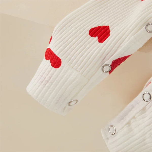 0-18M Newborn Baby Girls' Romper in Sweet Heart Prints - Long Sleeve Crew Neck Jumpsuit With Bow Knot Headdress