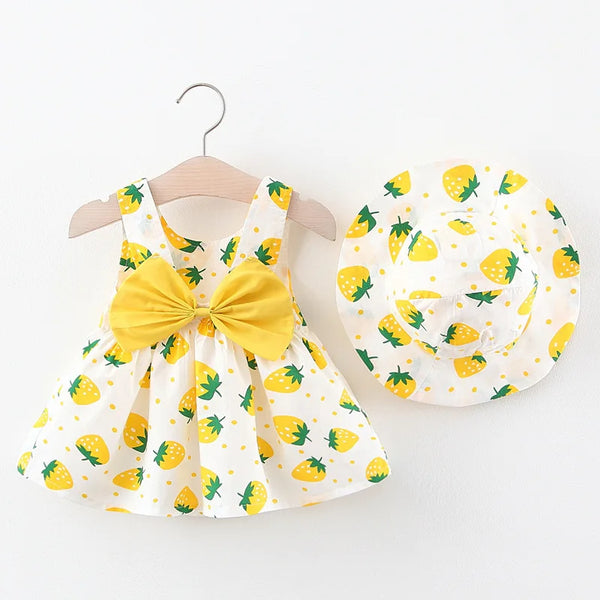 Infant Baby Girl Dress and Hat Set - 0-3M Cotton Dress