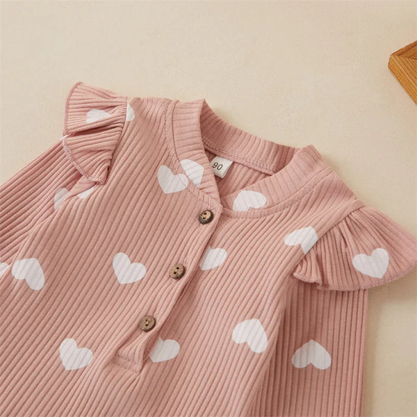 0-18M Newborn Baby Girls' Romper in Sweet Heart Prints - Long Sleeve Crew Neck Jumpsuit With Bow Knot Headdress