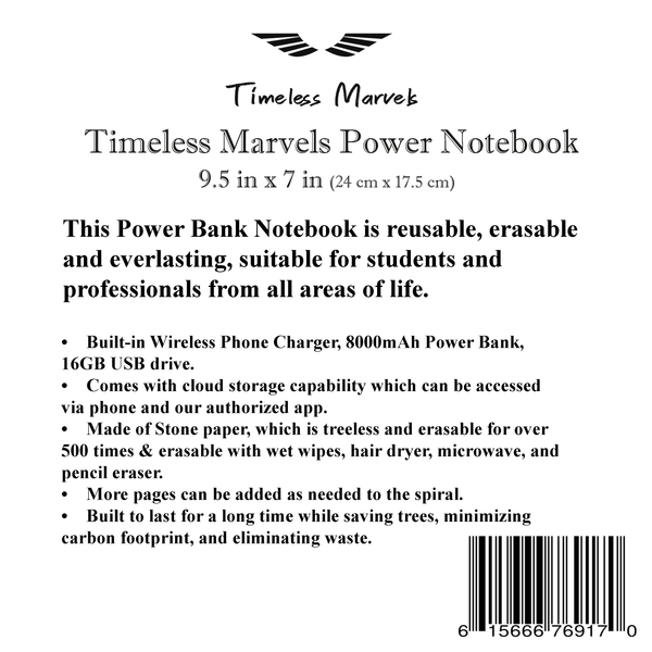 Timeless Marvels Reusable/Erasable Notebook with Power Bank, USB, Cloud Storage & Wireless Phone Charging